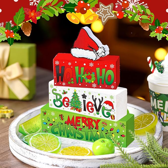 4 Pcs Christmas Table Decor Wooden Hohoho Decoration Red White Green Christmas Tiered Tray Decor Xmas Table Centerpiece Rustic Decorative Santa Hat Block Signs Gift Farmhouse for Home Kitchen