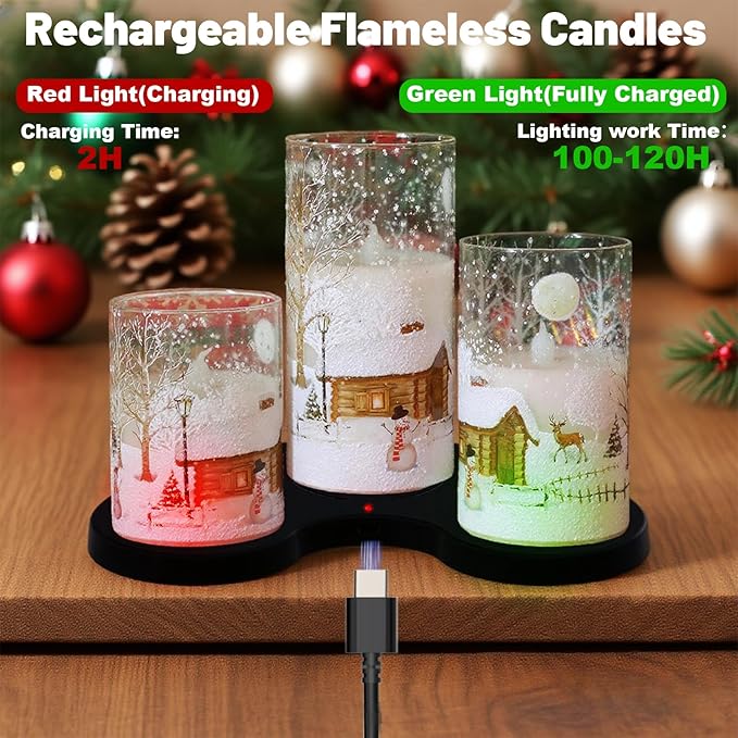 DRomance Snowman Glass Flameless Candles Rechargeable Battery Operated with Remote and Timer Real Wax LED Flickering Pillar Candles White Cold Light Window Christmas Holiday Decor D3 x 4",5",6"