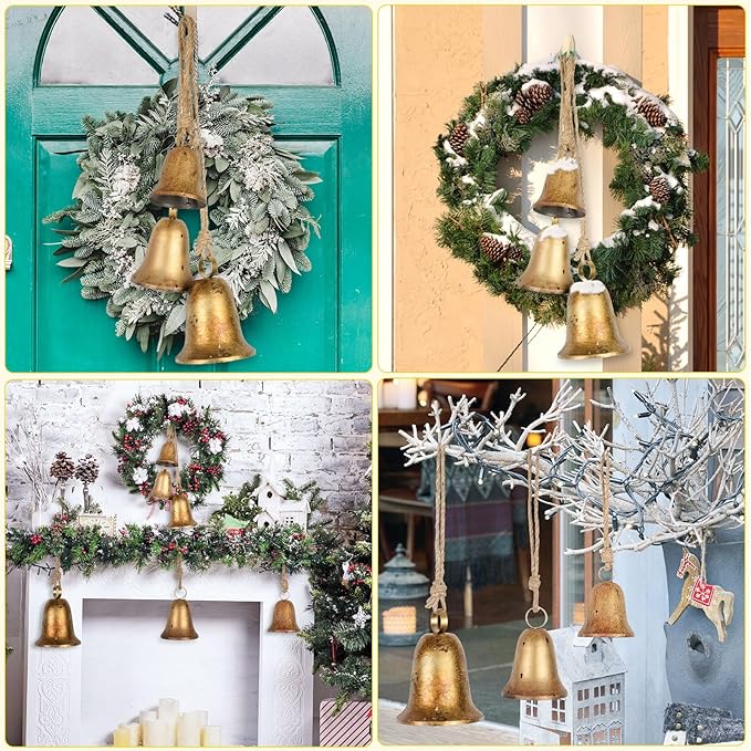 Styleonme Decorative Bells, 3-Piece Set of Harmonious Bells, Vintage Handmade and Rustic Lucky Christmas Bells Hanging on a Rope, Gifts for Mom, Grandma, and Women