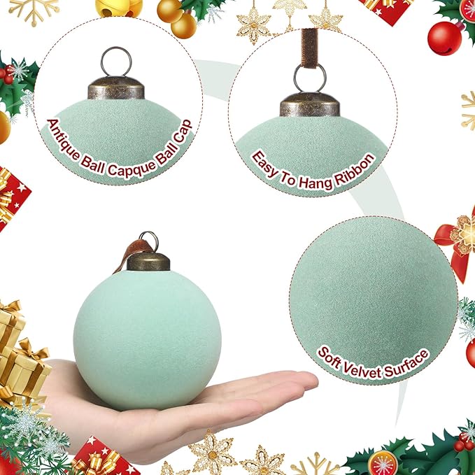36 Pcs Velvet Christmas Balls Bulk - Flocked Christmas Tree Ball Ornaments Hanging Decoration for Xmas Tree, Wreath, Home or Party Decorations, 2.36", 2.76", 3.15"(Sage Green)