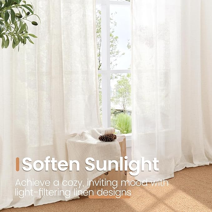 BGment Linen Semi Sheer Curtains 63 Inch Length for Living Room - Ivory Textured Light Filtering Window Drapes with Rod Pocket Lightweight Rustic for Farmhouse Bedroom, 2 Panels Set, 52 X 63 Inch
