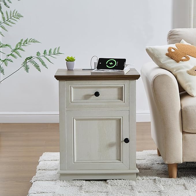End Table with Charging Station, Fast Charge, End Table with Drawer, Big Storage Side Table for Living Room/Bedroom, White