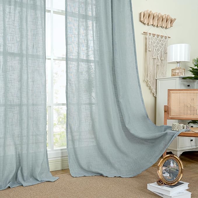 LAMIT 80 inch Linen Living Room Curtains, Faux Linen Textured Light Filtering Drapes Back Tab and Rod Pocket Boho Panels for Farmhouse/Bedroom, 2 Panels, 52 x 80 Inch, Greyish Blue