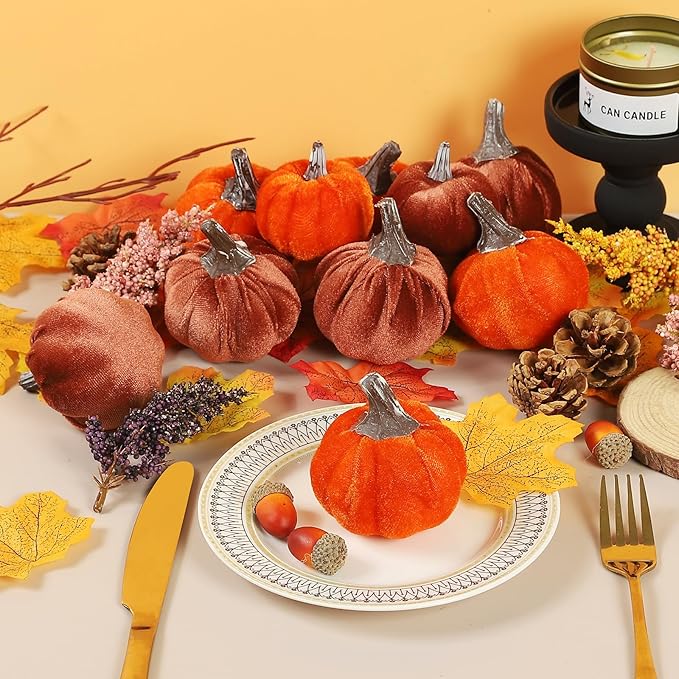 12pcs Velvet Fake Pumpkins Fall Decor Faux Small Foam Fabric Pumpkin for Autumn Table Centerpiece Party Farmhouse Harvest Thanksgiving (Orange/Desert Tan)