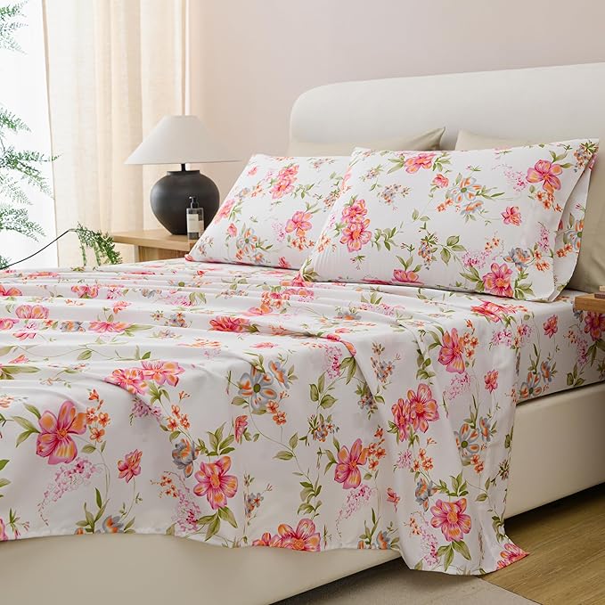 King Size Bed Sheets Set Deep Pockets - 6PC Floral Ultra Soft Microfiber Bed Sheets - Easy to Clean, 90 Thread Count Sheets with Fitted Sheet, Flat Sheet & Pillowcases (Pink/Green Floral)