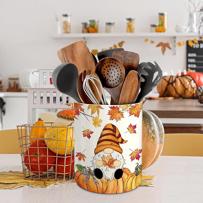 pinata Fall Kitchen Decor Ceramic Utensil Holder, Farmhouse Fall Gnome Pumpkin Utensils Holder, Ceramic Utensils Crock for Rustic Indoor Kitchen Decorations(6.3 Inches)