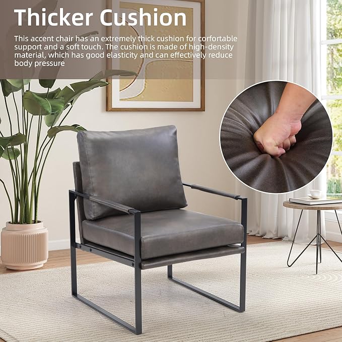 INZOY Mid Century Modern Accent Chair with Removable Cushions Set of 6, Comfy PU Leather Living Room Chairs with Thicker Backrest and Cushion, Metal Frame Design, Dark Grey