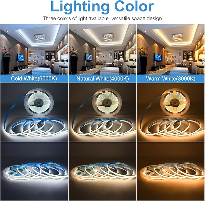 DC 24V COB LED Strip Light, 32.8ft(10M) 3120LEDs CRI 90+ Uniform Glow Flexible LED Tape Lights 3000K for Indoor DIY Bedroom Kitchen Home Decor(No Power Supply)
