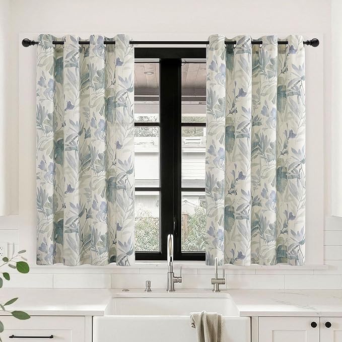 MYSKY HOME Kitchen Curtains 54 inches Long Semi Sheer Light Filtering Curtains for Living Room,Drapes for Bathroom Window Treatment Grommet 2 Panels,Sage and Natural