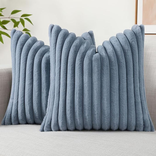 decorUhome Faux Fur Throw Pillow Covers 26x26 Set of 2, Decorative Soft Plush Striped Neutral Couch Euro Pillow Covers with Velvet Back for Sofa, Bed, Living Room Home Decor, Grey Blue