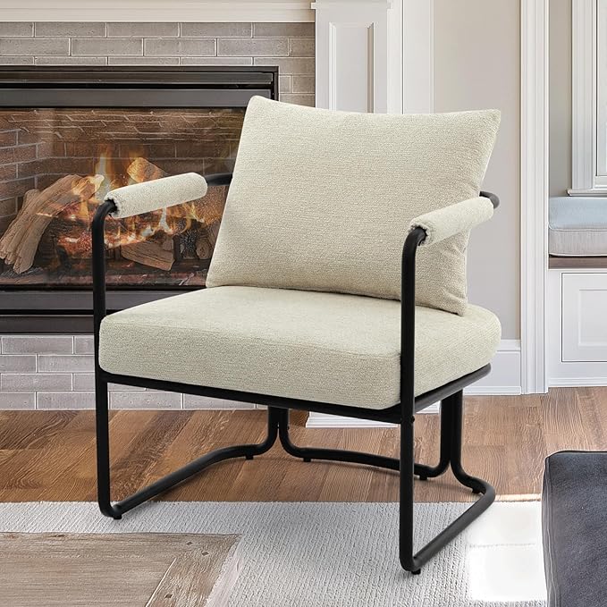 Mid-Century Modern Accent Chair, Comfy Upholstered Lounge Arm Chair with Chenille Fabric for Living Room, Bedroom, Apartment, Reading Corner, Office, Cream Beige