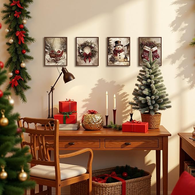 DOFQZ Vintage Christmas Wall Art Prints Set of 4, Rustic Red Christmas Decor, Farmhouse Holiday Winter Red Sleigh Stocking Wreath Snowman Posters for Home Living Room Bedroom Decor, 8x10 Unframed