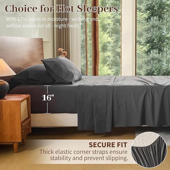 MEISHANG 100% French Pure Linen Sheets Queen Size - Bed Sheets 4 Piece Sets, Soft Durable Flax Linen, Anti-Tear Breathable Oeko-Tex Certified with 16" Deep Pocket (Dark Grey)