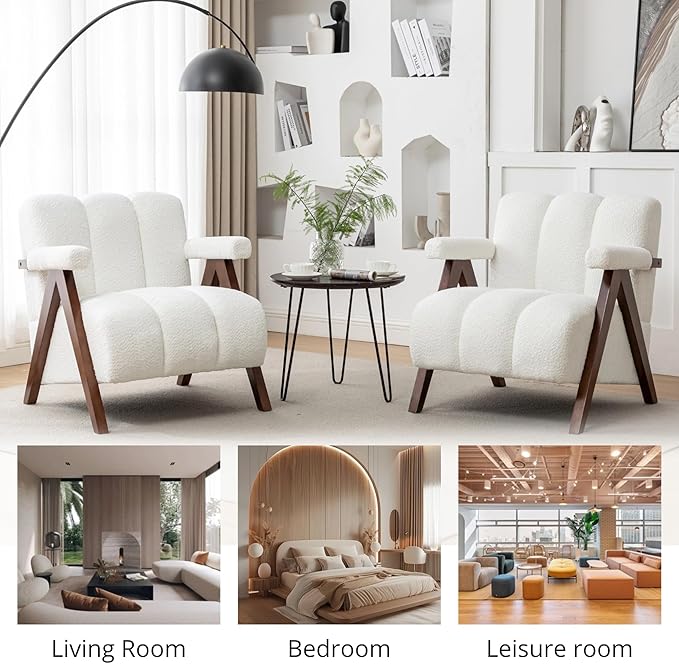 Mid Century Modern Accent Chairs Set of 2 with Solid Wood Frame, Boucle Upholstered Living Room Chairs with Thick Cushion, Comfy Tufted Arm Chair for Bedroom, Ivory