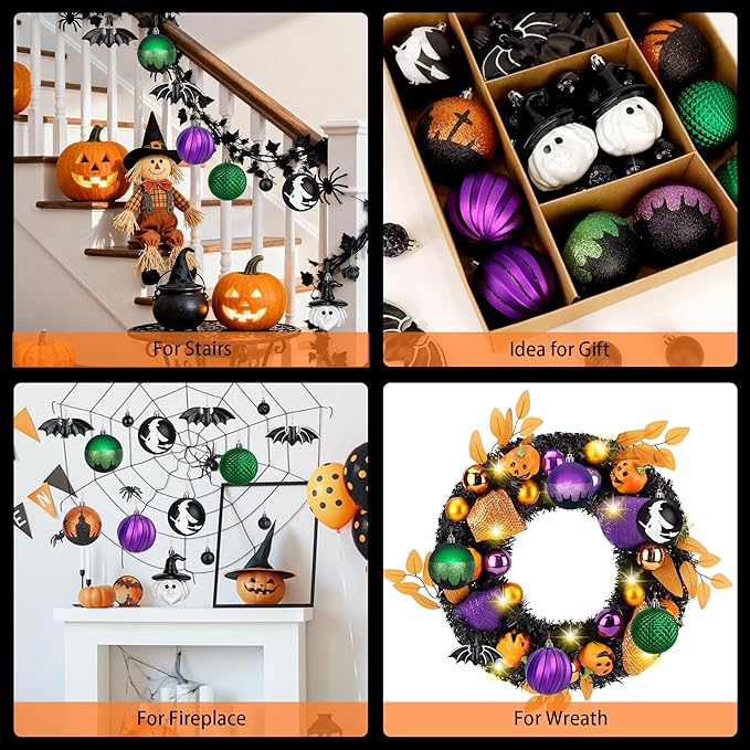 68pcs Halloween Ornaments for Small Tree,Shatterproof Halloween Christmas Tree Decorations Hanging Ball Ornaments Set with Bat and Witch Decor for Party Indoor Home Decor