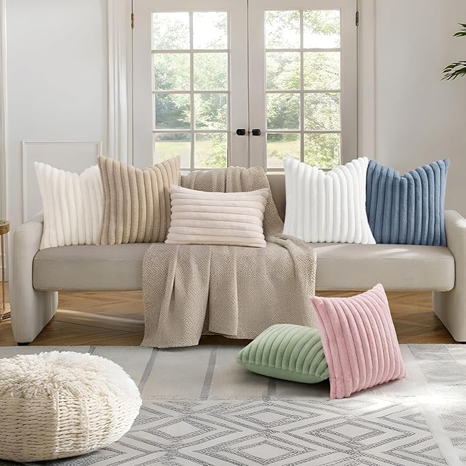 decorUhome Faux Fur Throw Pillow Covers 18x18 Set of 2, Decorative Soft Plush Striped Neutral Couch Euro Pillow Covers with Velvet Back for Sofa, Bed, Living Room Home Decor, Grey