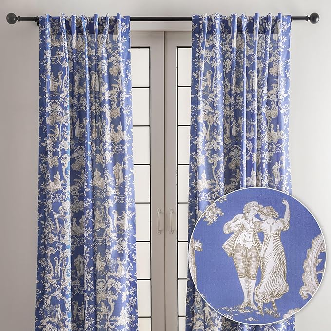 Maison d' Hermine Curtains for Living Room 100% Cotton 96 inch Length Two Panels Light Filtering Toile Curtains for Bedroom Windows with Rod and Loop Pockets Drapes (Joli Jouy Blue, 50" W x 96" L)