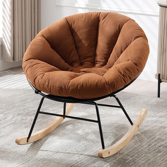 NIOIIKIT Nursery Saucer Rocking Chair, Corduroy Upholstered Round Glider Chair, Nursing Chair with Comfy Cushion, Tufted Papasan Chair, Cozy Reading Chair for Living Room, Bedroom (Brown)