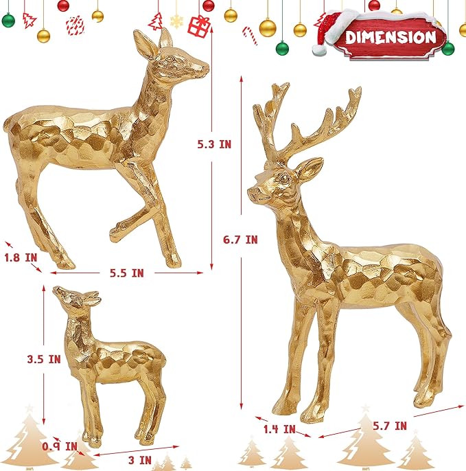 Lulu Home 3 PCS Christmas Tabletop Decorations, Resin Golden Reindeer Family Figurines with Diverse Postures, Xmas Holiday Winter Centerpieces Ornaments for Mantel Shelf Sill Home Office Decor
