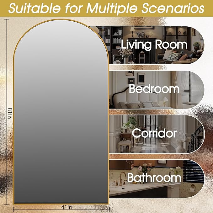 SUNQUEEN 81"x41" Floor Mirror Full Length, Oversized Arched Full Length Mirror with Stand, Full Body Mirrors for Bedroom Living Room or Cloakroom Gold