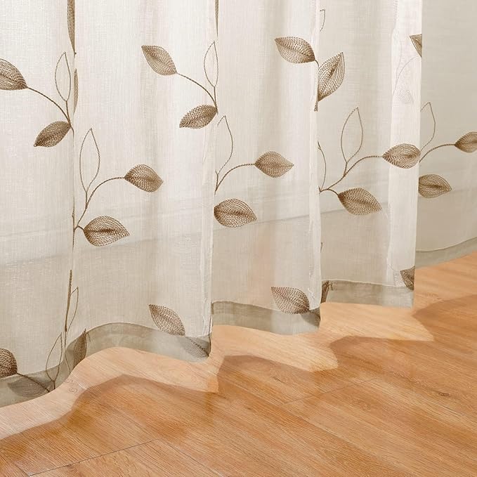 HOMEIDEAS Taupe Sheer Curtains 52 X 96 Inches Long 2 Panels Beige Embroidered Leaf Pattern Pocket Faux Linen Floral Semi Sheer Voile Window Curtains/Drapes for Bedroom Living Room