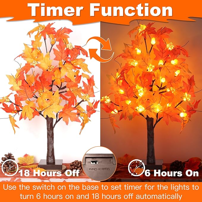 2 Pack 24 Inch Artificial Lighted Maple Tree with 48 LEDs Timer Fall Thanksgiving Decorations Battery Operated Prelit Maple Tree Table Lights for Thanksgiving Decor Home Indoor Autumn Harvest
