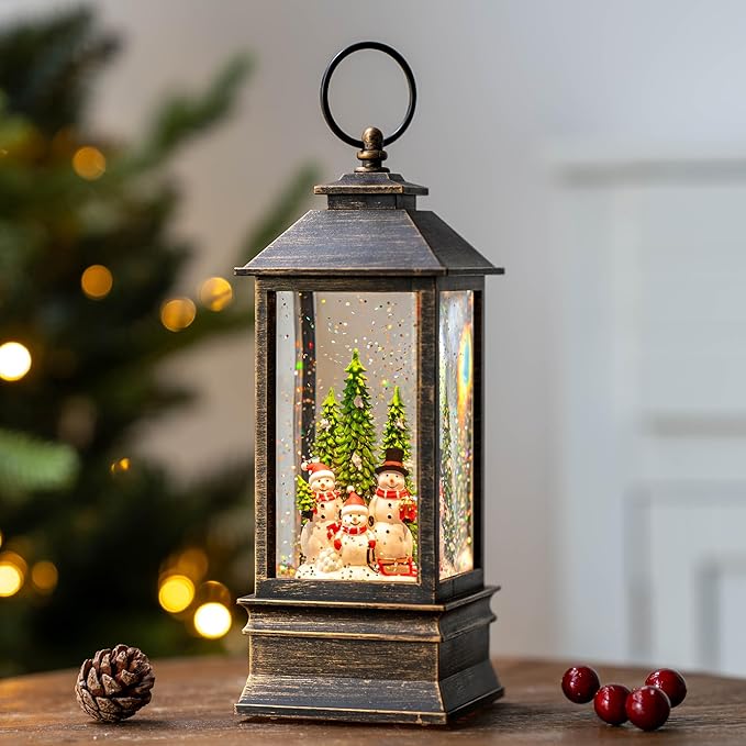 10.4" Christmas Snow Globe Water Lantern with Snowman Family Sledding Scene Battery Operated or USB Powered Musical Lighted Holiday Decoration for Tabletop Display for Family and Friends