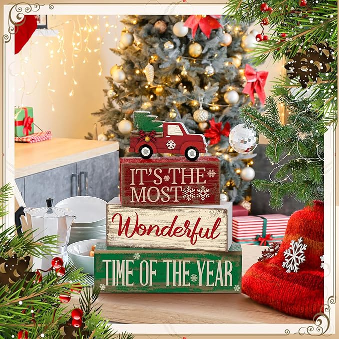 4 Pcs Christmas Decor Wooden Red Truck Winter Tiered Tray Decor Rustic Merry Christmas Table Centerpiece Wood Red Truck Block Sign Gift Farmhouse for Home Kitchen Tabletop Office Shelf