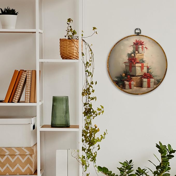 XPH Vintage Christmas Round Wall Art Framed, Winter Christmas Circle Wall Decor, Retro Cottagecore Holiday Gift Boxes Hanging Canvas Prints for Home Bedroom Living Room Decoration, 10x10 Inch