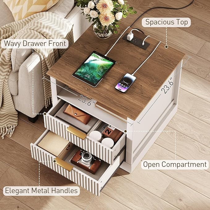Farmhouse Fluted End Table with Charging Station, 24'' Sofa Side Table with 2 Drawers, Farmhouse Bedside Table with Storage, Large Nightstand for Bedroom, Living Room, White and Walnut