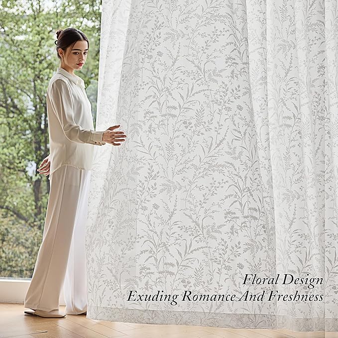 Anmao White Semi Sheer Light Filtering Extra Long Curtains 2 Panels, Leaf Pattern Drapes for Living Room Bedroom, Rod Pocket Privacy Window Treatments with Floral Design, 52x108 Inch