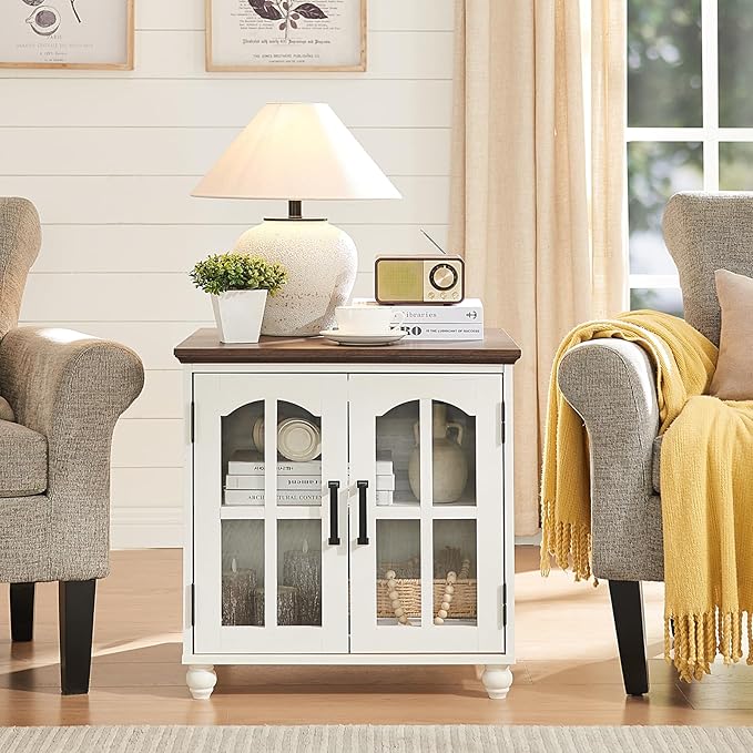 Farmhouse End Table with Charging Station,24" Large Sofa Side Table with Glass Barn Door,Rustic Wood Night Stand with Adjustable Storage Shelf,Square Bedside Table for Living Room,Bedroom Office