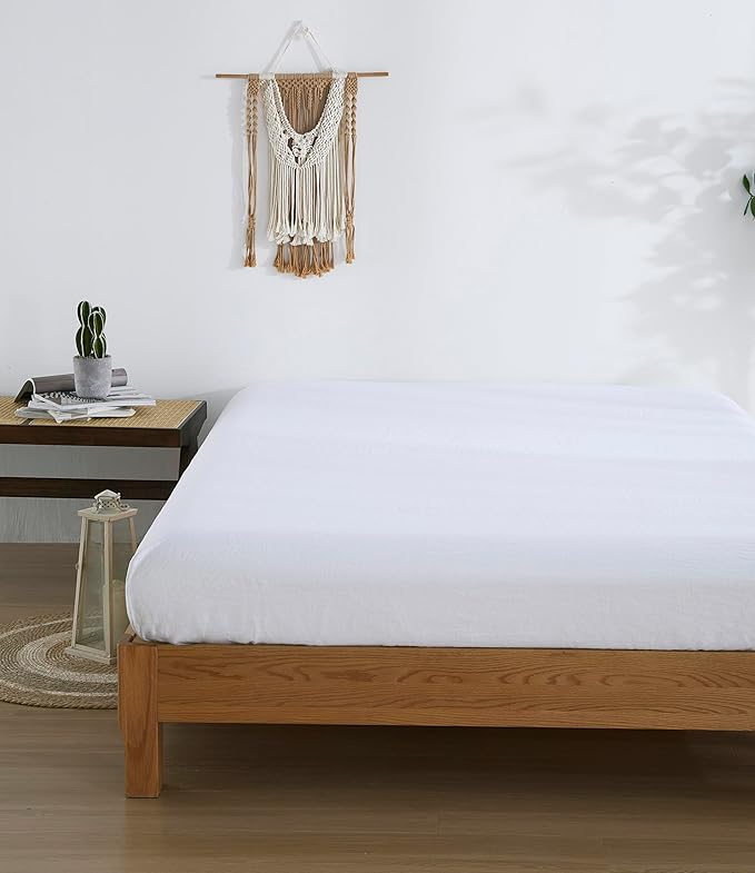 100% Linen Fitted Sheet Twin(1 Piece), 15 Inch Deep Pocket Mattress Cover French Flax Stone Washed Farmhouse Soft Breathable Bottom Sheets(White, Twin)