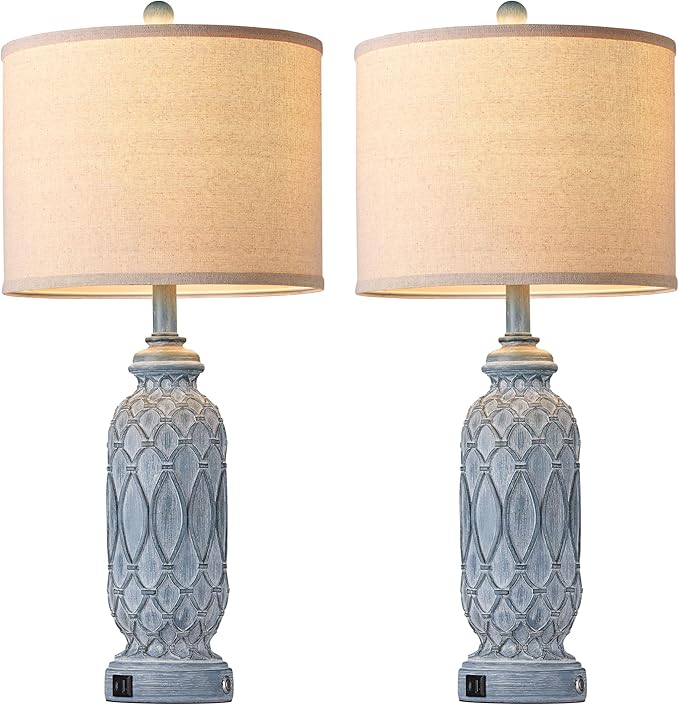 Farmhouse Lamps for Bedroom Set of 2, 28" Rustic Lamps for Living Room with USB Ports, 3-Way Dimmable Nightstand Table Lamp (Bulbs Included)