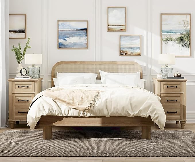 WAMPAT Set of 2 End Tables with Charging Station, Light Wood Sofa Side Table with Drawer & Storage Cabinet, Farmhouse Nightstand with Power Outlets & USB Ports for Living Room, Bedroom, Oak