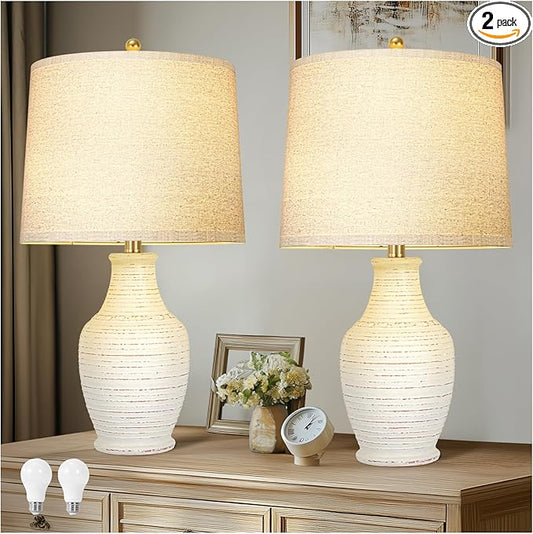 23" White Washed Ceramic Table Lamps Set of 2 with 3-Way Dimmable Bulb,Rotary Switch,Lamps for Living Room,Bedside Lamp with Linen Shade,Nightstand Lamps of 2 for Living Room Bedroom(Bulb Included)