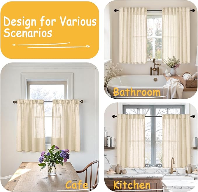 YoungsTex Burlap Linen Curtains 40 Inch Length for Kitchen Cafe Window, Natural Semi Sheer Short Drapes Textured Light Filtering with Rod Pocket Back Tab for Bathroom, 2 Panels, 34 X 40 Inch