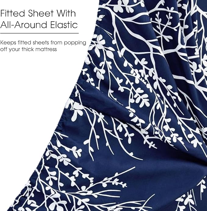 Spirit Linen Bed Sheets Queen Size - Pure Microfiber 4 Piece Polyester Bed Sheets - Soft Sheets Queen for All Seasons (Foliage Navy/White, Queen)