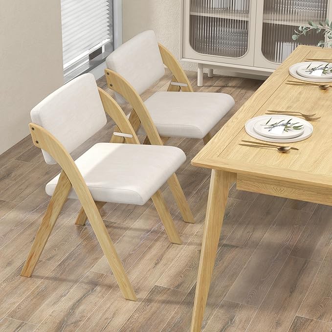 GOFLAME Folding Dining Chairs Set of 2, Upholstered Kitchen Chairs with Padded Seat & Backrest, Modern Side Chairs with Rubber Wood Legs for Home Office Events, Wedding, No Assembly Needed, Natural