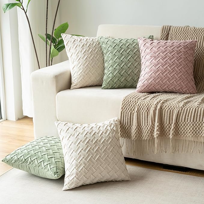 Velvet Decorative Throw Pillow Covers Set of 2, 18x18 Inch Soft Modern Weave Cushion Case, Farmhouse Home Decor Pillowcase for Sofa Living Room Couch Bed Cream White