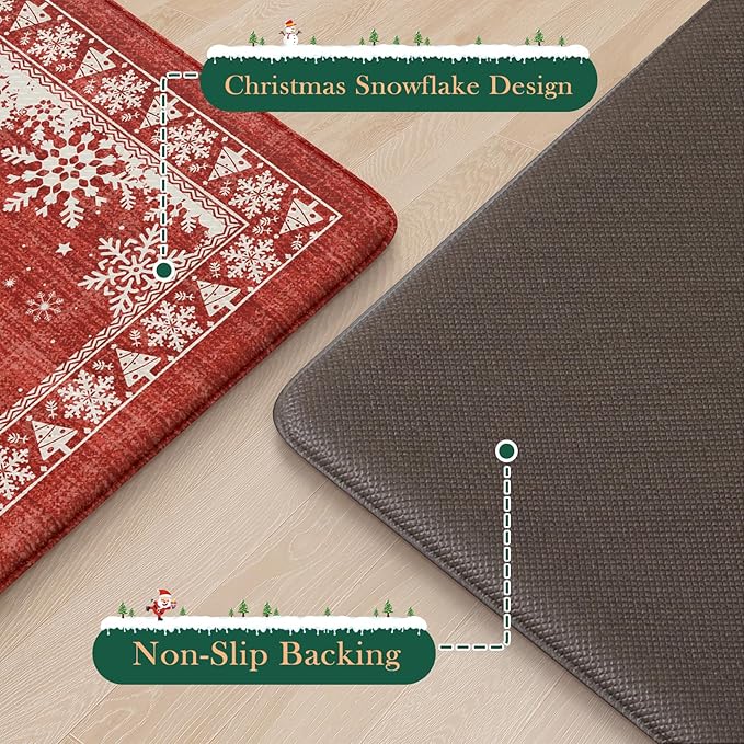Christmas Kitchen Mats for Floor 2 Piece, Snowflake Kitchen Floor Mats Cushioned Anti Fatigue Kitchen Rugs Non Slip, Bordered Comfort Thick Standing Mat for Home Decor,Sink(Red)