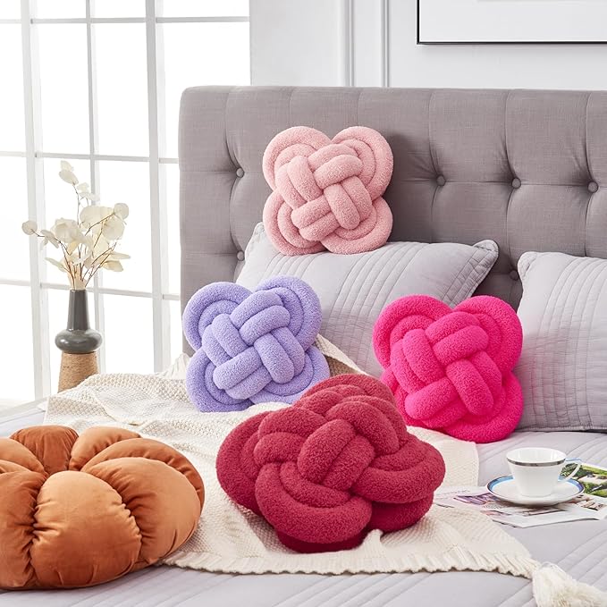 Xiashrk Knot Pillow Ball, 12" Soft Decorative Throw Pillows for Couch Bed, Rose Red Knotted Plush Throw Pillow Handmade Square Cushion Home Couch Decor Pillows for Living Room