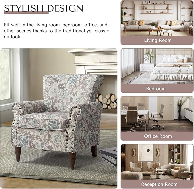 HULALA HOME Modern Wingback Accent Chair with Wood Legs & Removable Cushion, Comfy Upholstered Armchair with Nailhead Trim, Floral Pattern Single Sofa Chair for Living Room Bedroom, Grey