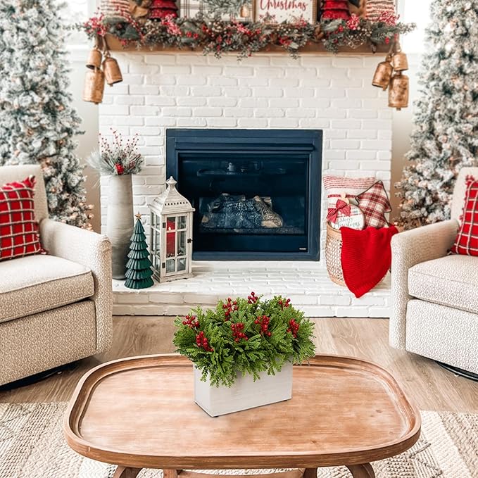 DILATATA Christmas Centerpieces 8 Inch Artificial Christmas Plant in Rectangular Wooden Pot Tabletop Pine Plants with Red Berries Cedar Leaves for Winter Holiday Party Fireplace Mantel Xmas Decor