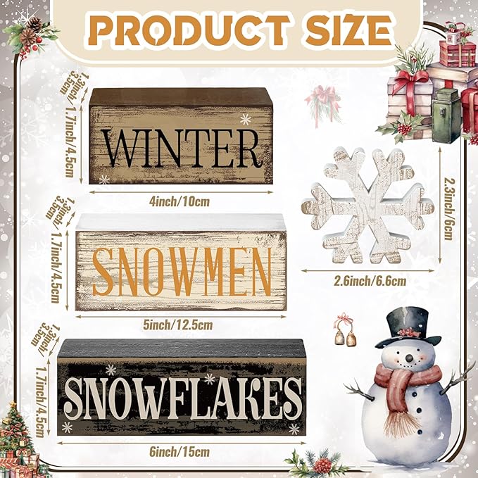 4 Pcs Christmas Table Decorations Wooden Snowflake Decor Winter Tiered Tray Decor Rustic Snow Block Signs Gift Farmhouse Christmas Centerpiece for Winter Wonderland Party Kitchen Shelf Home