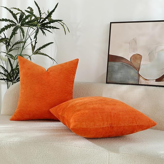 Bright Orange Chenille Decorative Couch Throw Pillow Covers, Soft Cushion Cases for Home Livingroom Sofa Décor, Pack of 2, 20 x 20 Inches