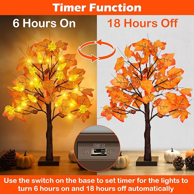 2 Pack 24 Inch Prelit Fall Maple Tree with 48 LED Lights Timer Battery Operated Light Up Acorn Maple Tree for Fall Autumn Thanksgiving Artificial Home Indoor Halloween Decor