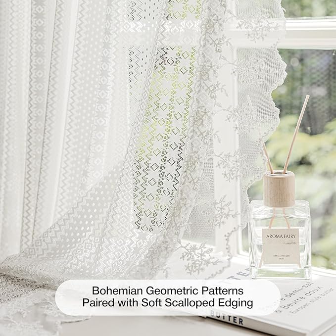 Sheer White Curtains – Vintage Boho Sheer Curtains for Bedroom/Living Room, Light Filtering Rod Pocket Drapes, Privacy Elegant Lacy Pattern Window Treatments, 52W x 96L Inch, 2-Panel Set