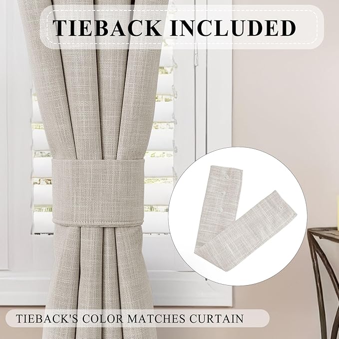 Macochico Pinch Pleated 100% Blackout Linen Curtains 120 Inch Width by 102 Inch Length, Thermal Window Drapes for Living Room Bedroom Nursery Farmhouse, Sand Beige Drapery with Tieback 1 Panel