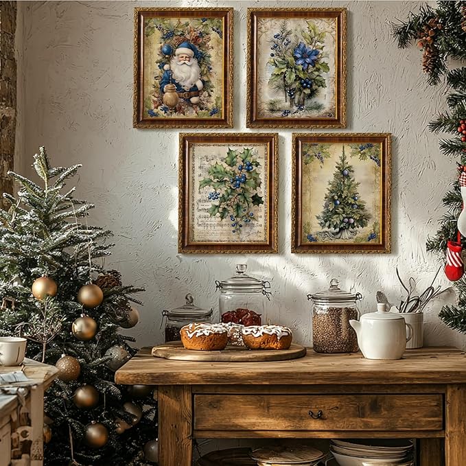 JXREQ Vintage Christmas Pictures Wall Decor Prints,Blue Christmas Wall Art Decorations for Home Kitchen Bedroom Bathroom Living Room Office,Santa Claus Xmas Tree Decor Prints Set of 4,8x10 Unframed